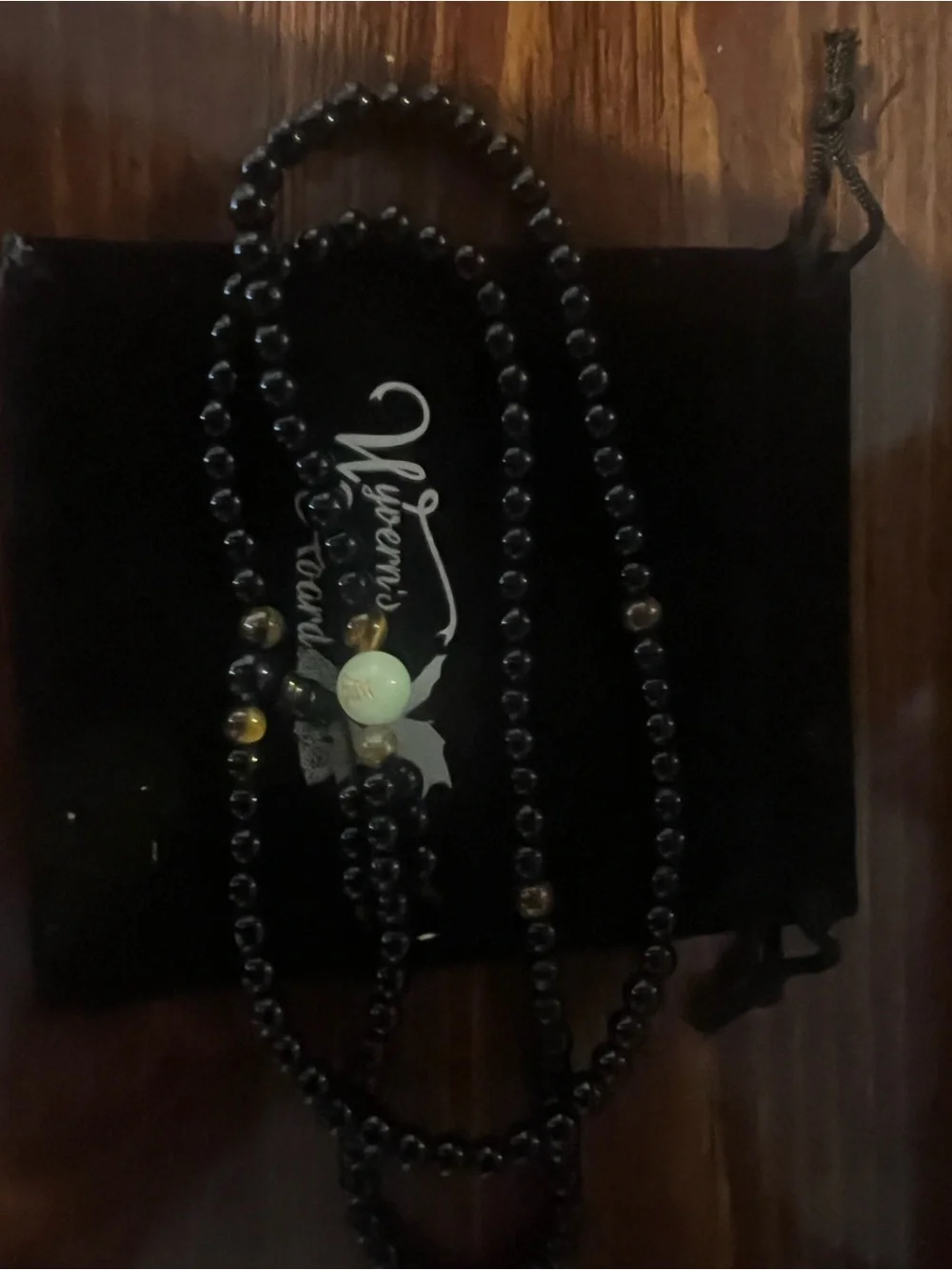 Wyvern's Hoard Long Beaded Necklace Black Brown Jewelry with Pouch